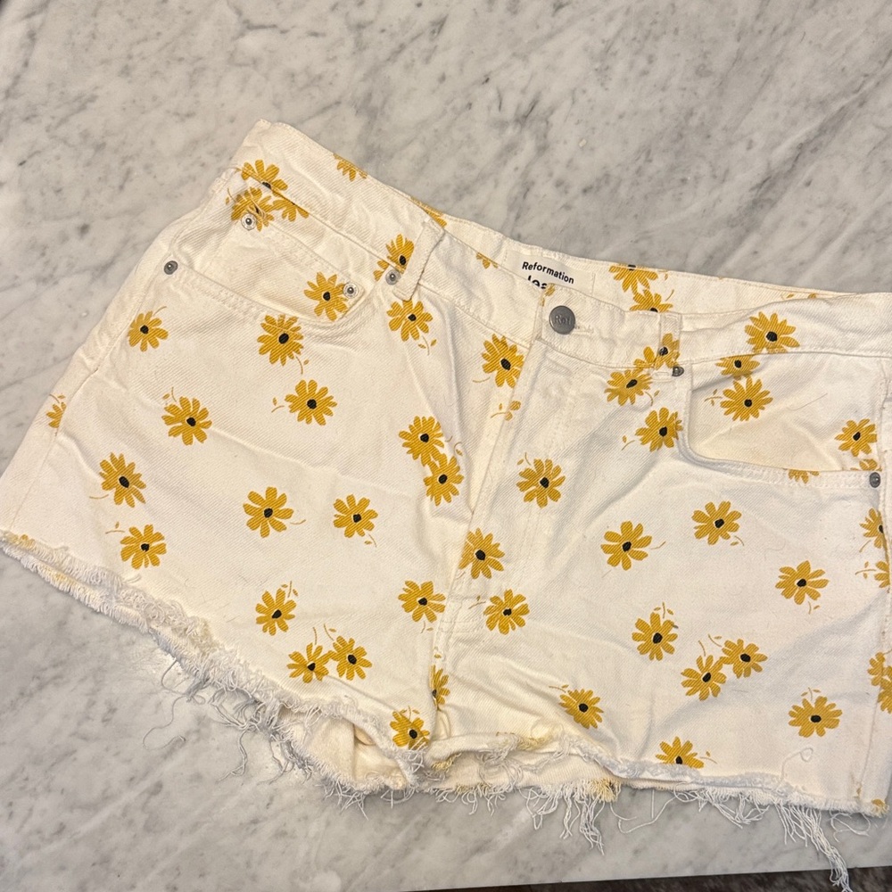 Reformation White Denim Shorts with Yellow Daisy Print